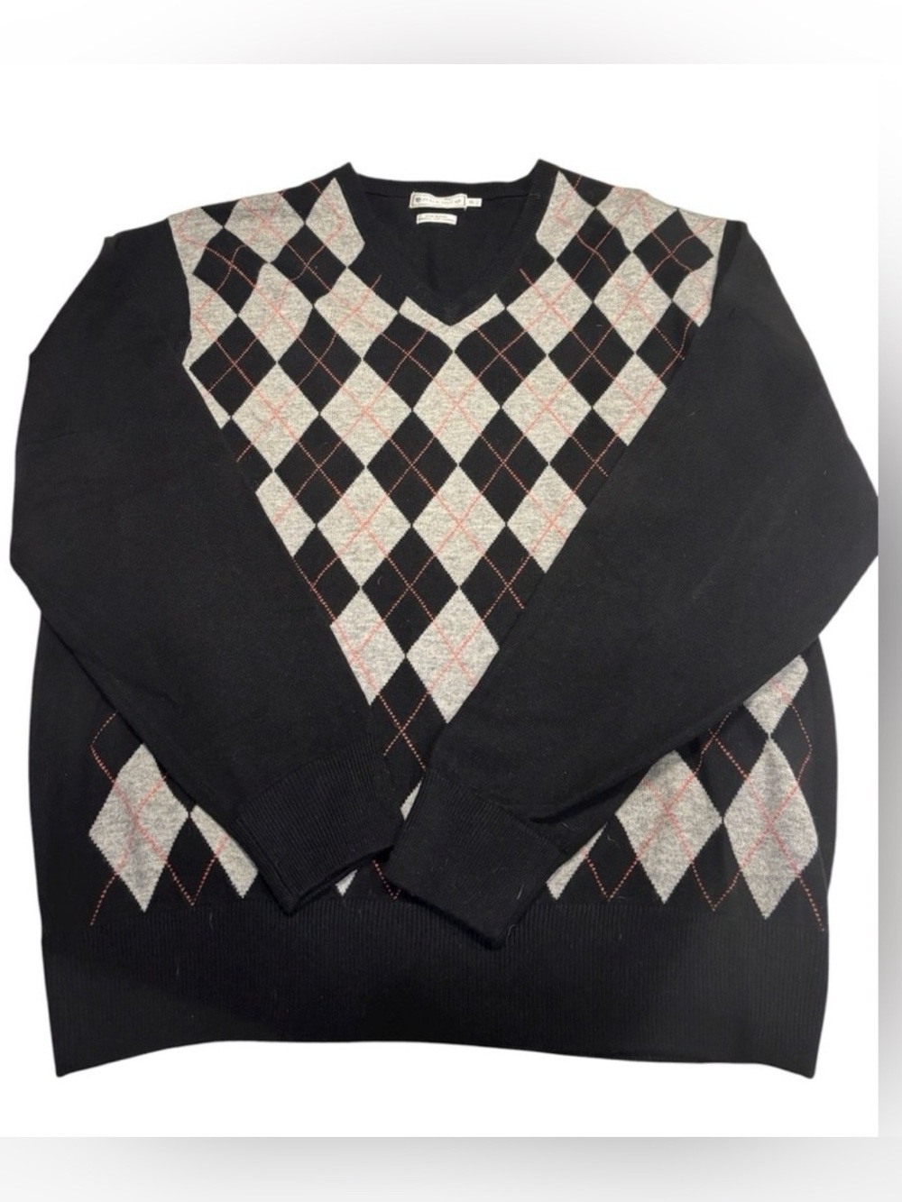 Peter Millar Luxe Blend Wool Cashmere Argyle V-Neck Sweater XL Black Gray‎ Red